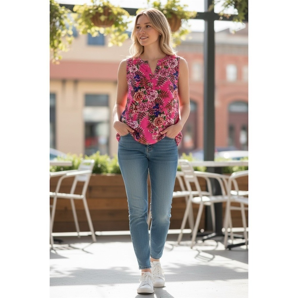 J.Crew Blouse Women Sz 0 Pink Floral Tropical Tunic Sleeveless Split boho tribal